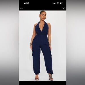 Fashion Nova navy blue halter cargo jumpsuit